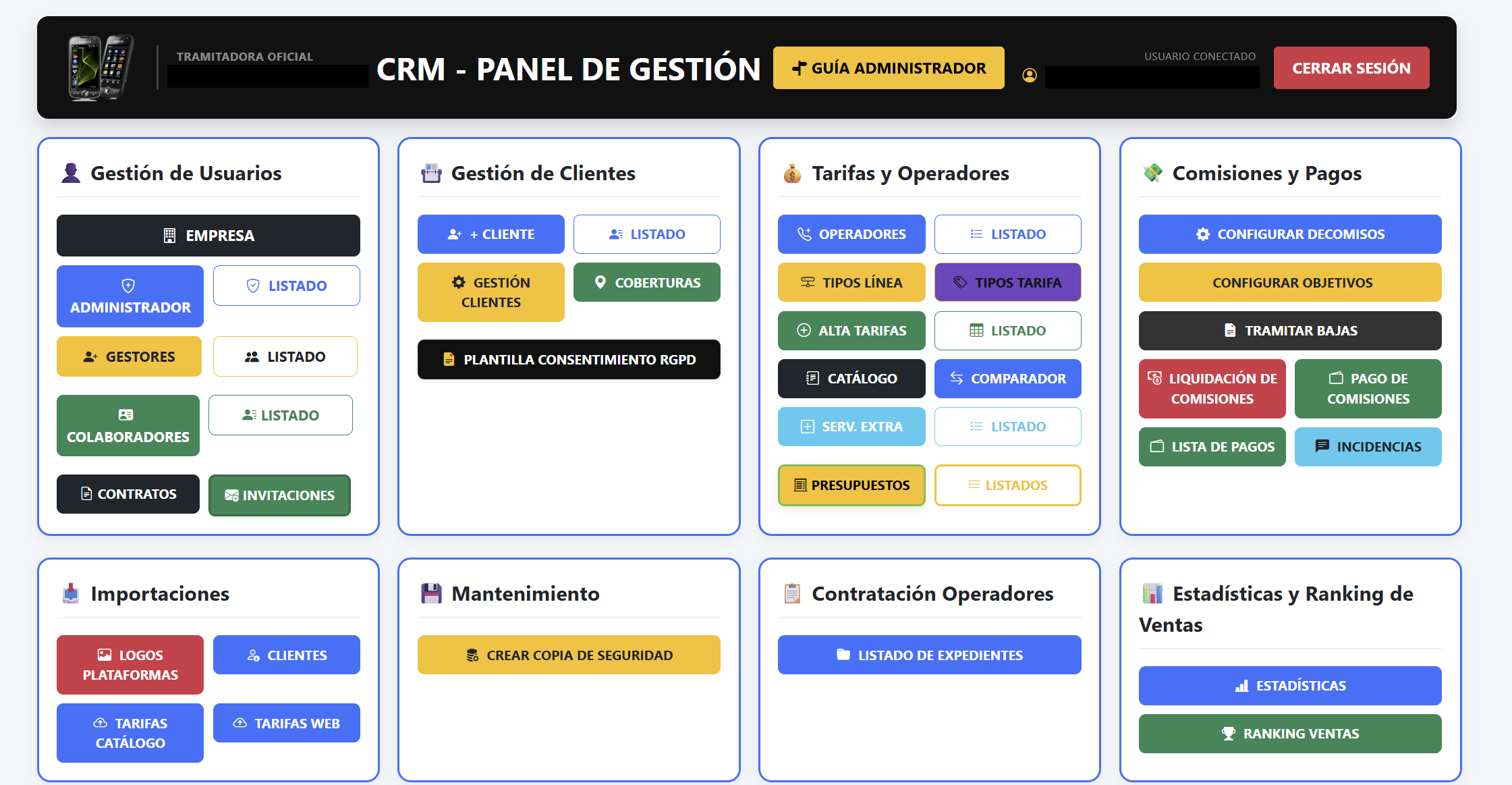 Panel general de administración del CRM